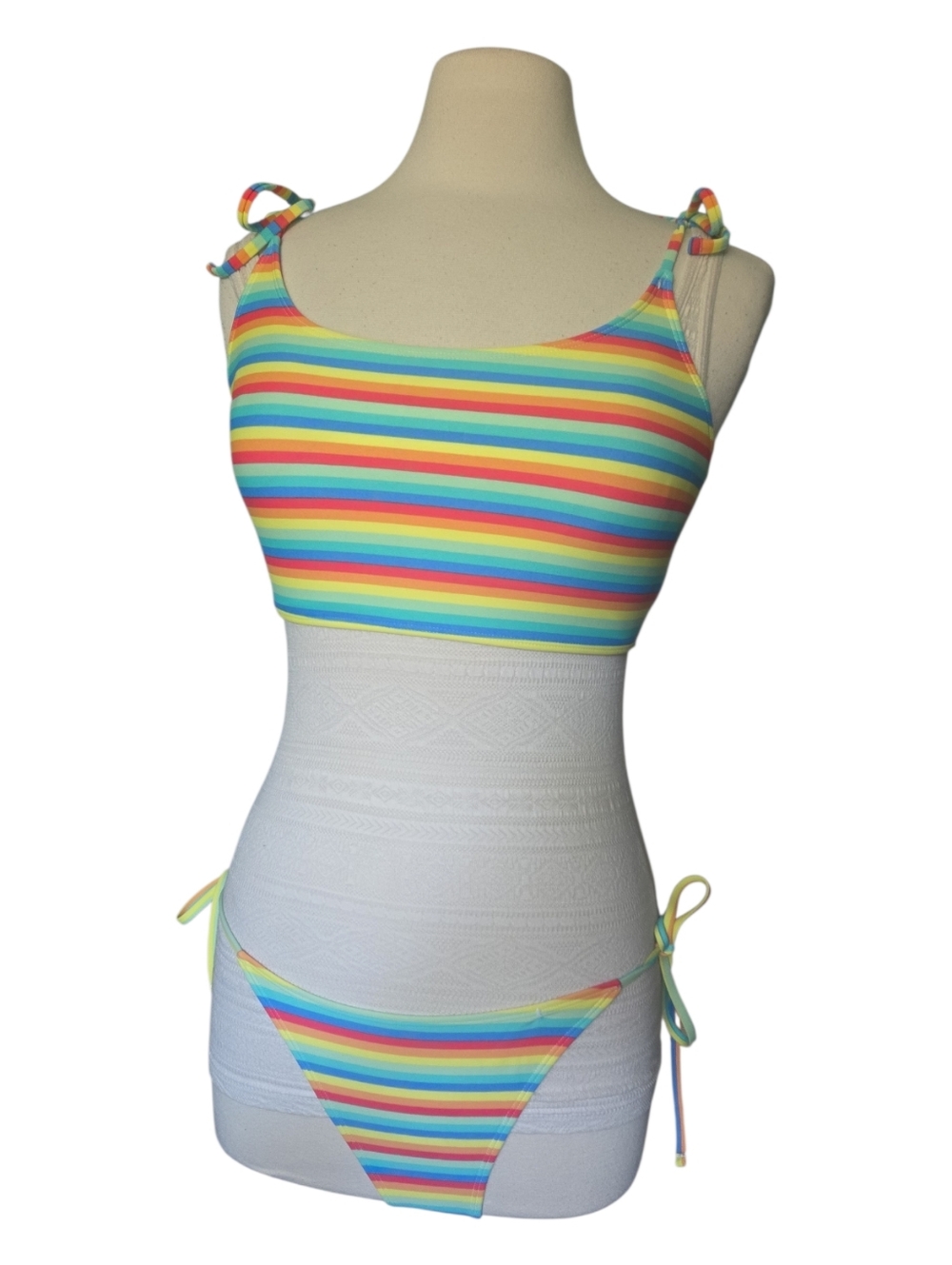 Forever 21 Rainbow Striped Tie-Shoulder Bikini Set - L